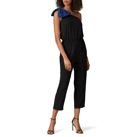 AMANDA UPRICHARD Ramona Black Cropped One Shoulder Blue Bow Jumpsuit Sz Small - Picture 1 of 10